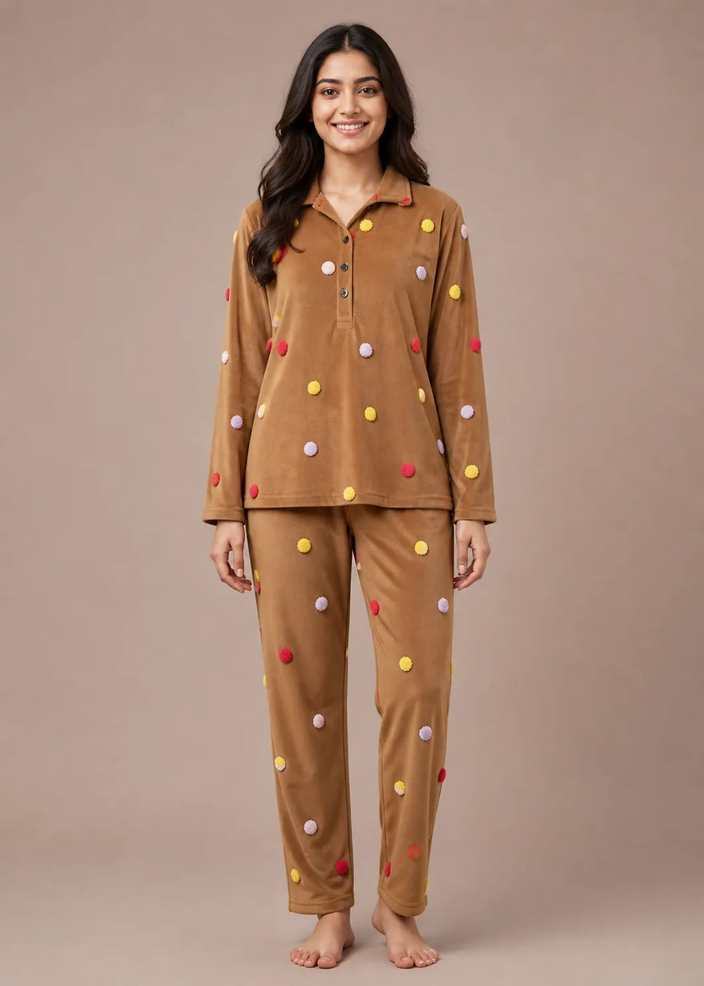 Camel Velvet Embroidery Polka Dot Winter Co-ord Set
