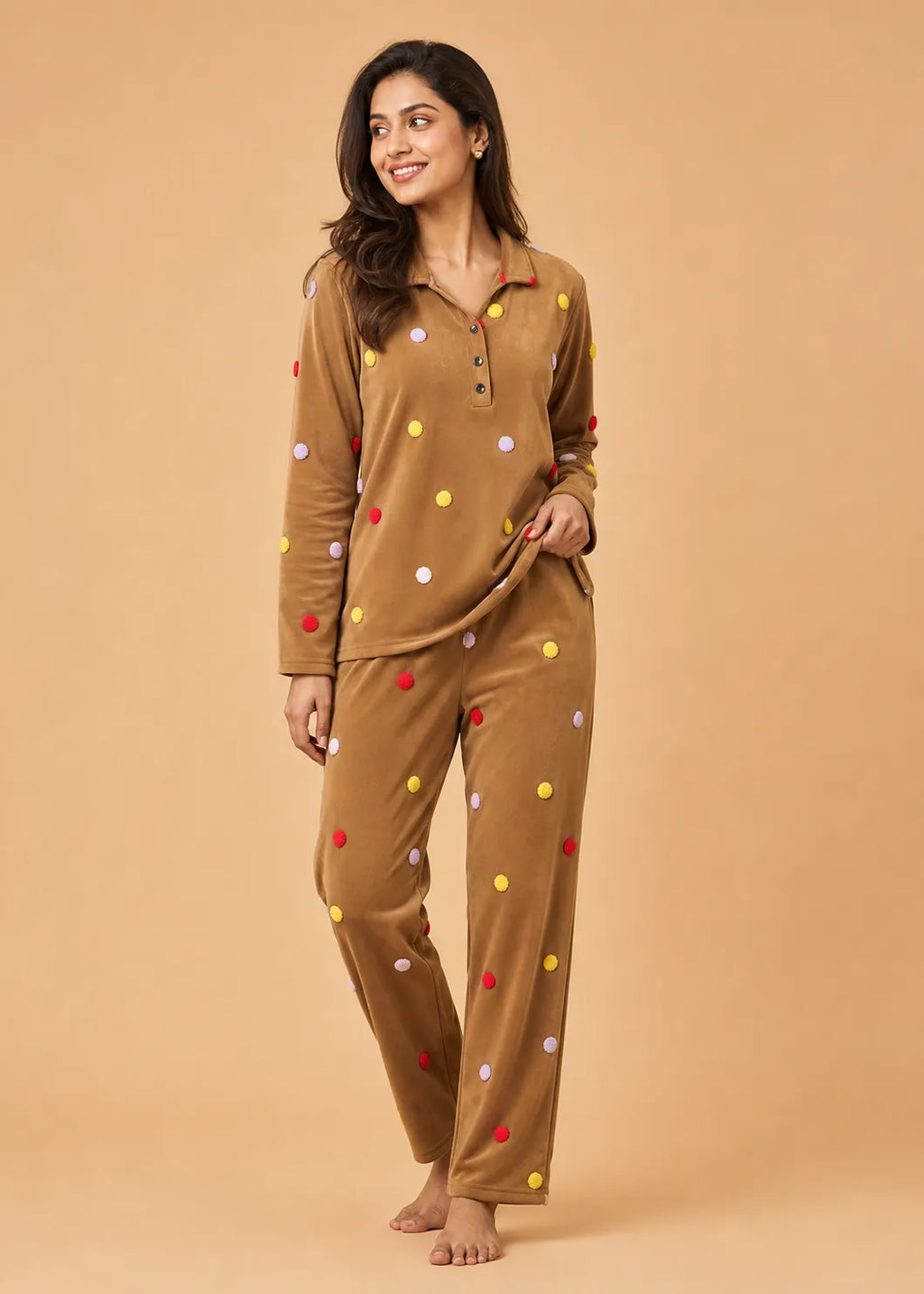 Camel Velvet Embroidery Polka Dot Winter Co-ord Set