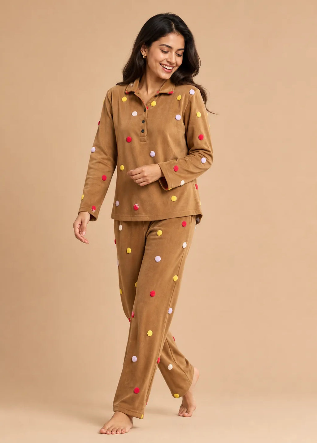 Camel Velvet Embroidery Polka Dot Winter Co-ord Set