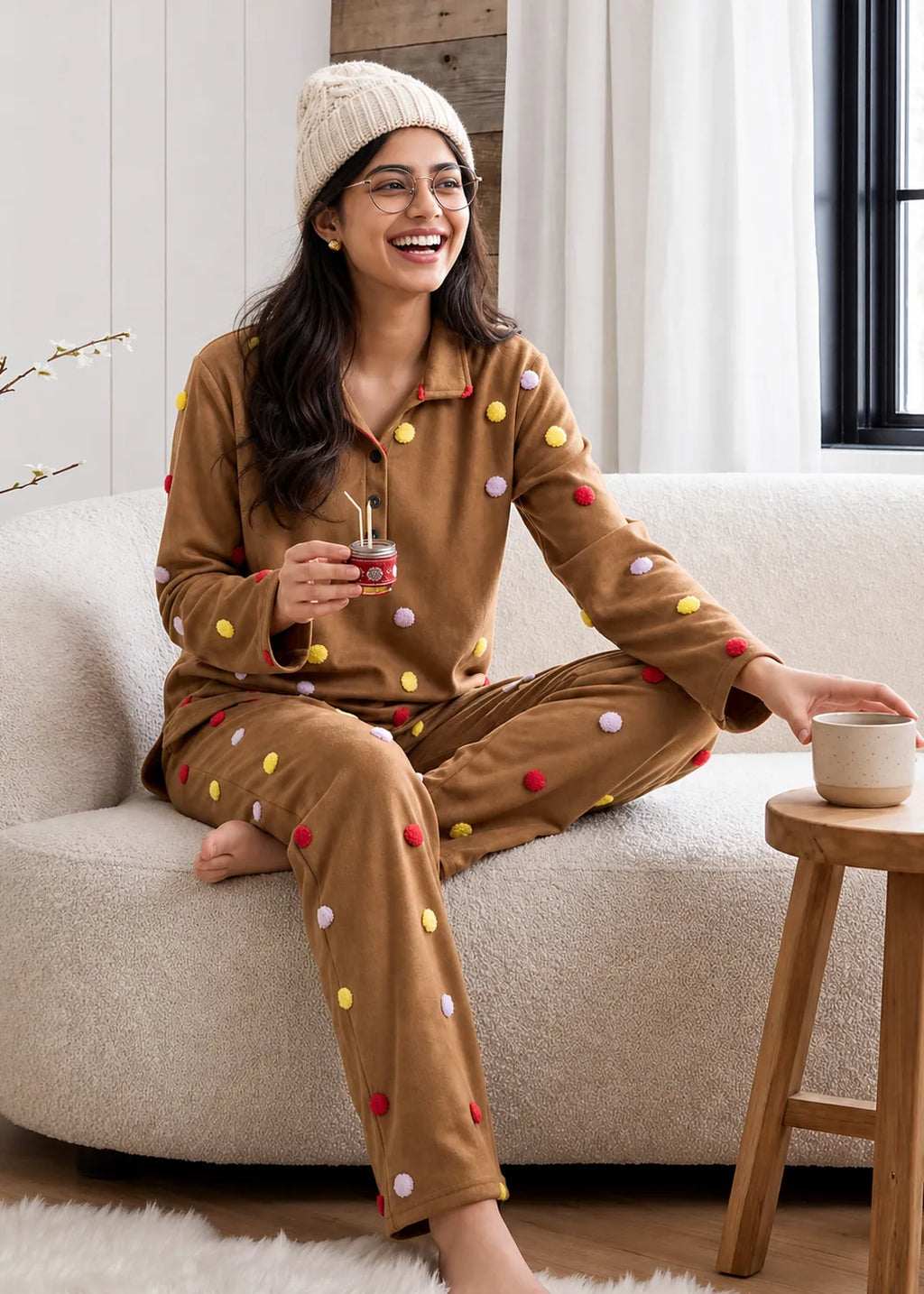 Camel Velvet Embroidery Polka Dot Winter Co-ord Set