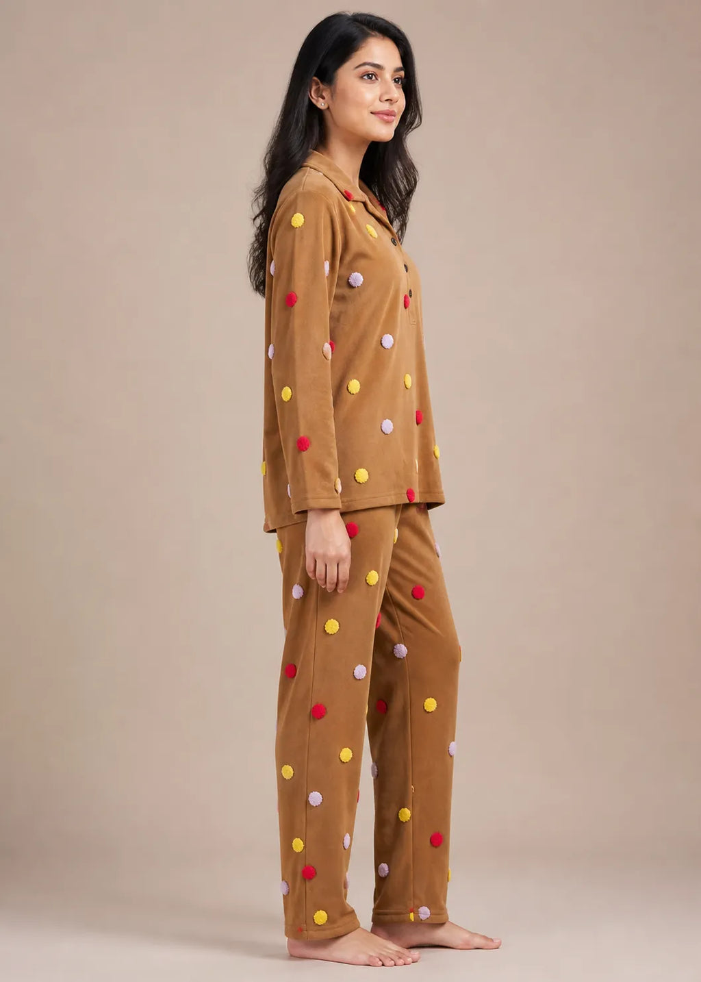 Camel Velvet Embroidery Polka Dot Winter Co-ord Set