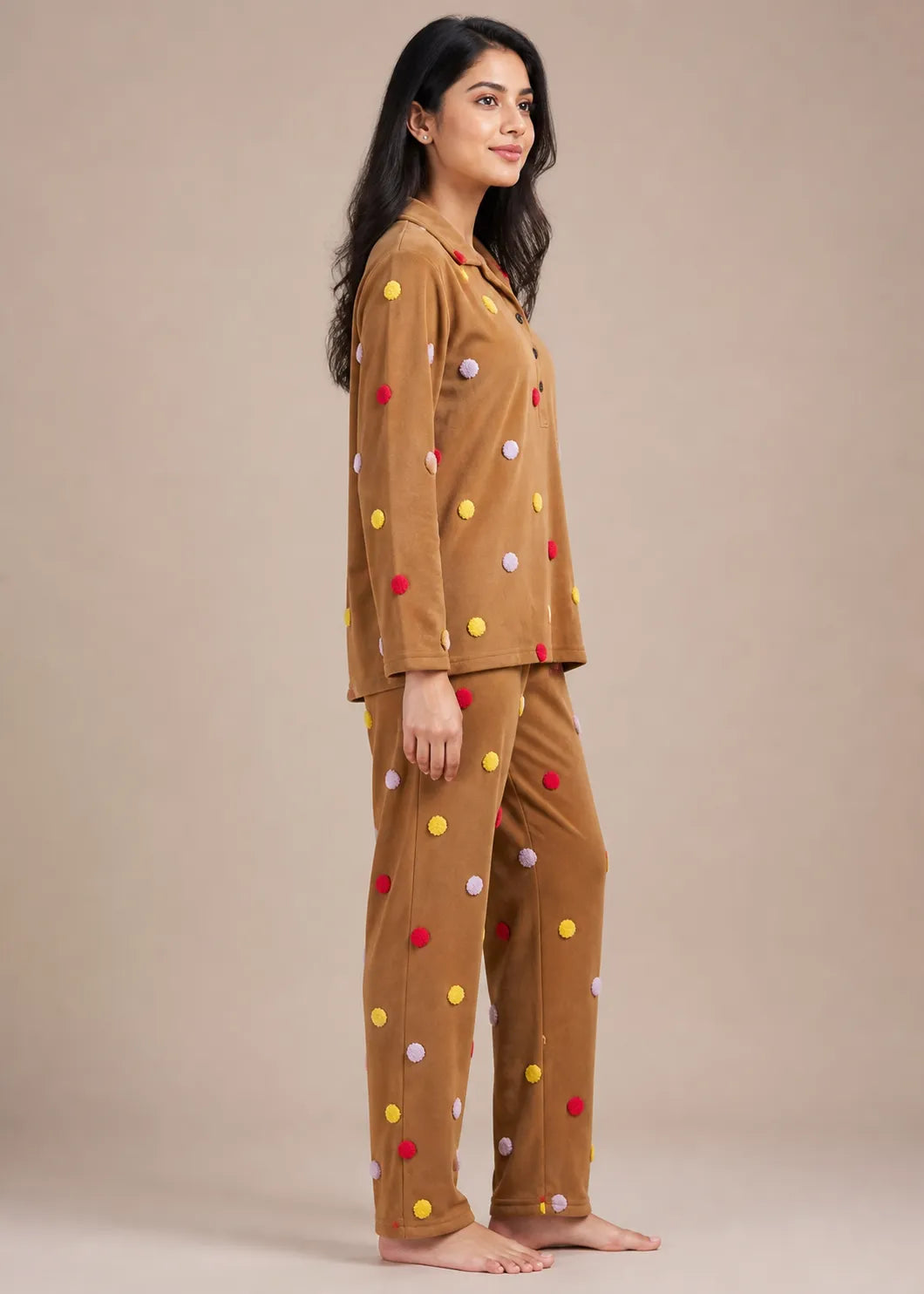 Camel Velvet Embroidery Polka Dot Winter Co-ord Set