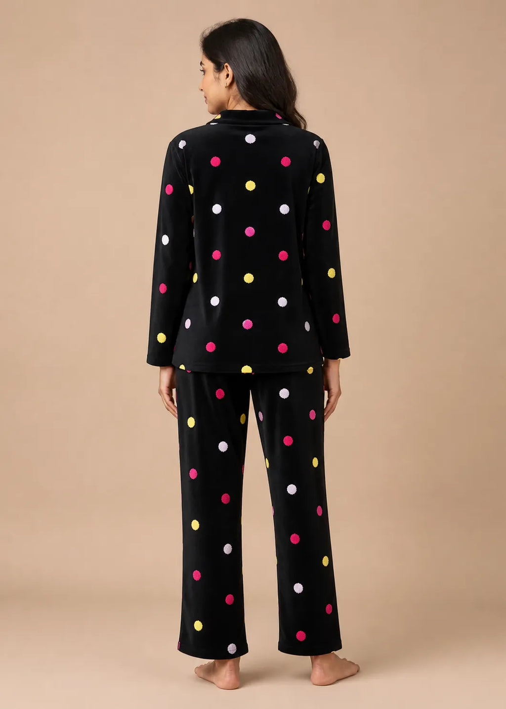 Black Velvet Embroidery Polka Dot Winter Co-ord Set