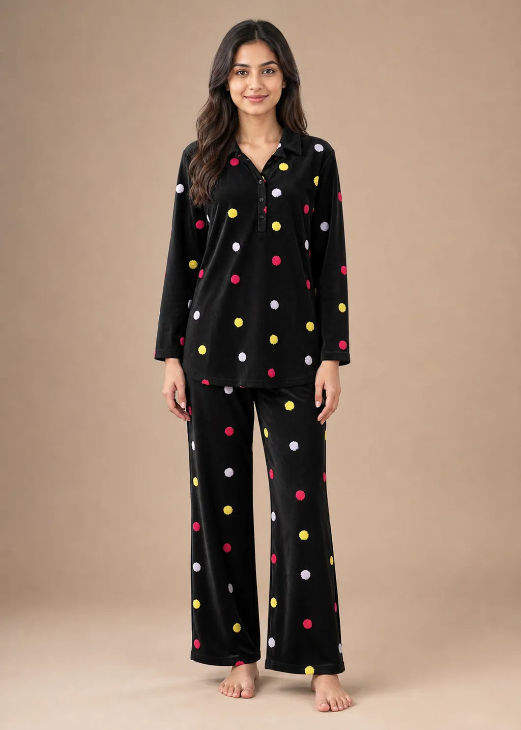 Black Velvet Embroidery Polka Dot Winter Co-ord Set