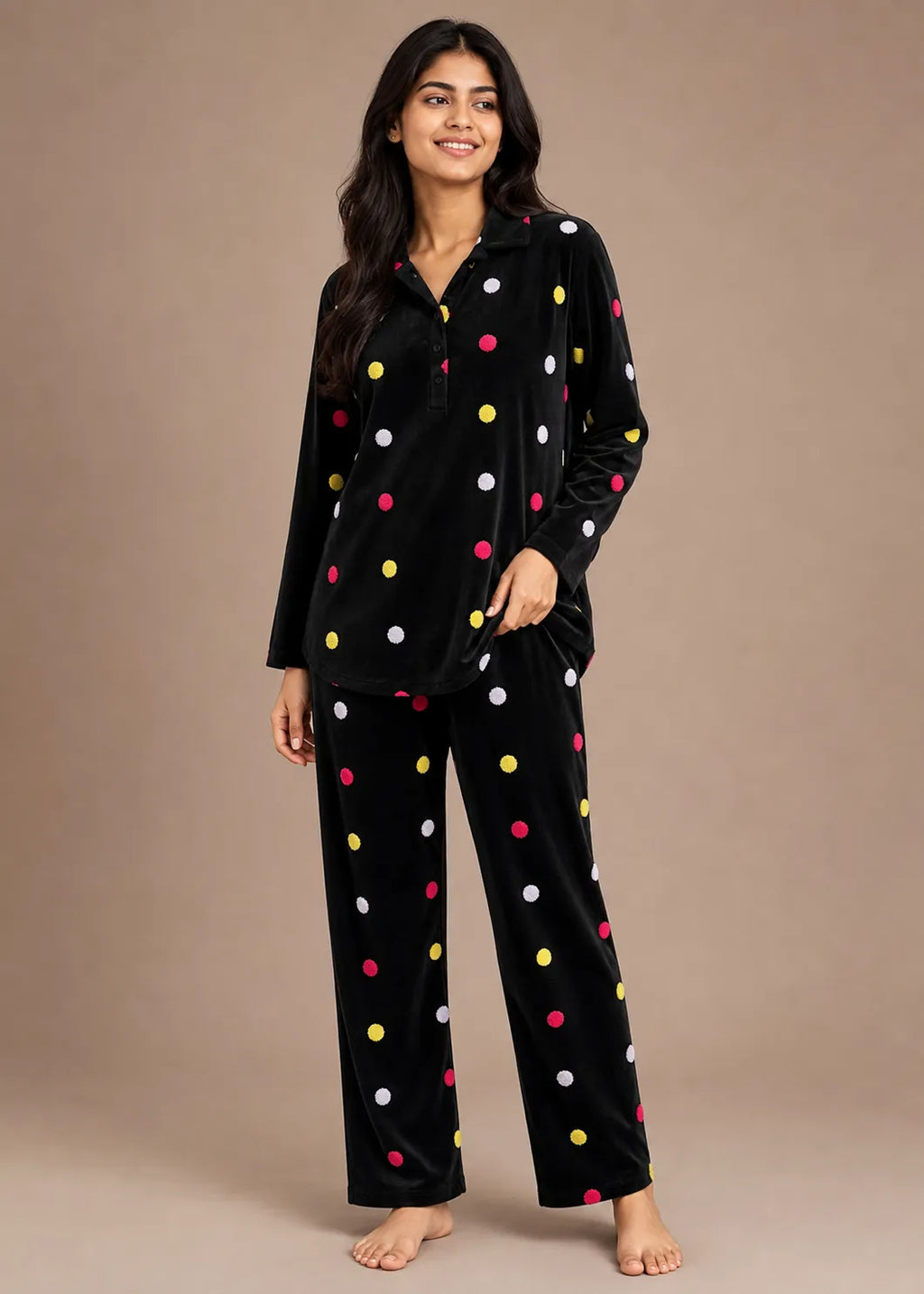 Black Velvet Embroidery Polka Dot Winter Co-ord Set