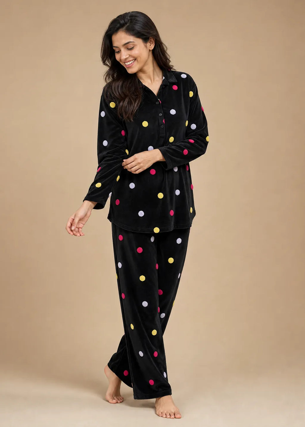 Black Velvet Embroidery Polka Dot Winter Co-ord Set