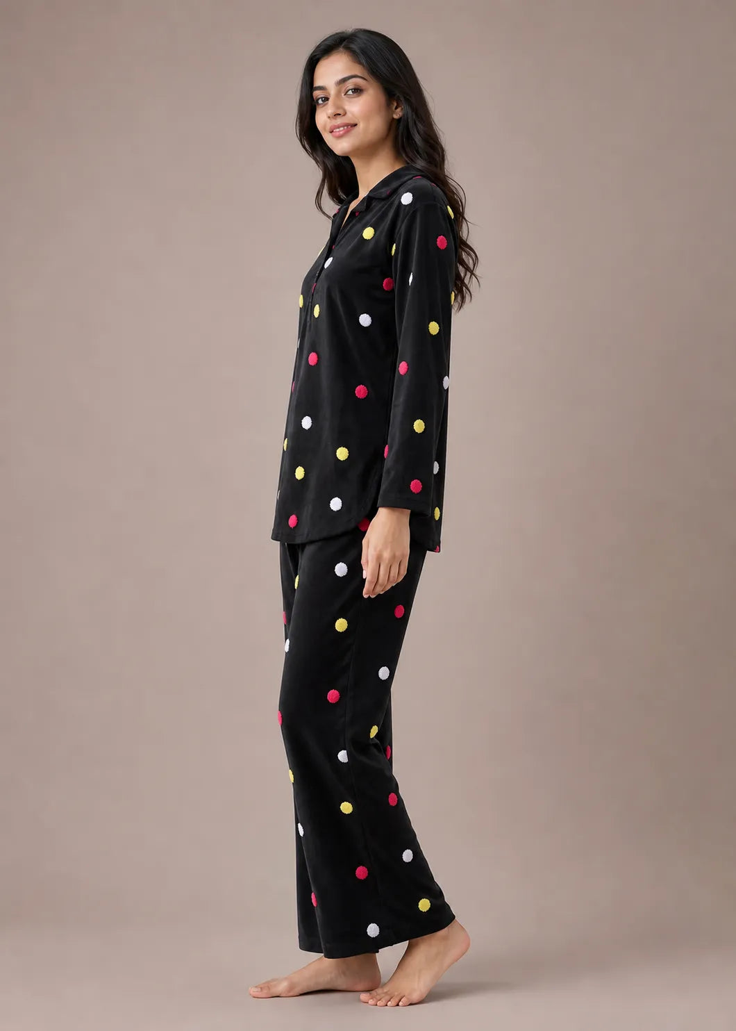 Black Velvet Embroidery Polka Dot Winter Co-ord Set