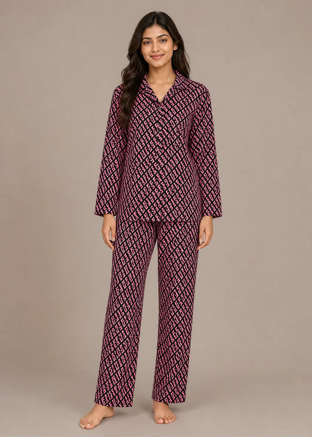 Pink Monogram Print Woolen Winter Co-ord Set