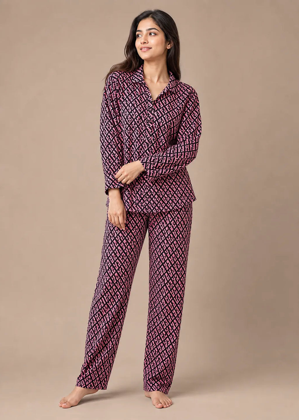 Pink Monogram Print Woolen Winter Co-ord Set
