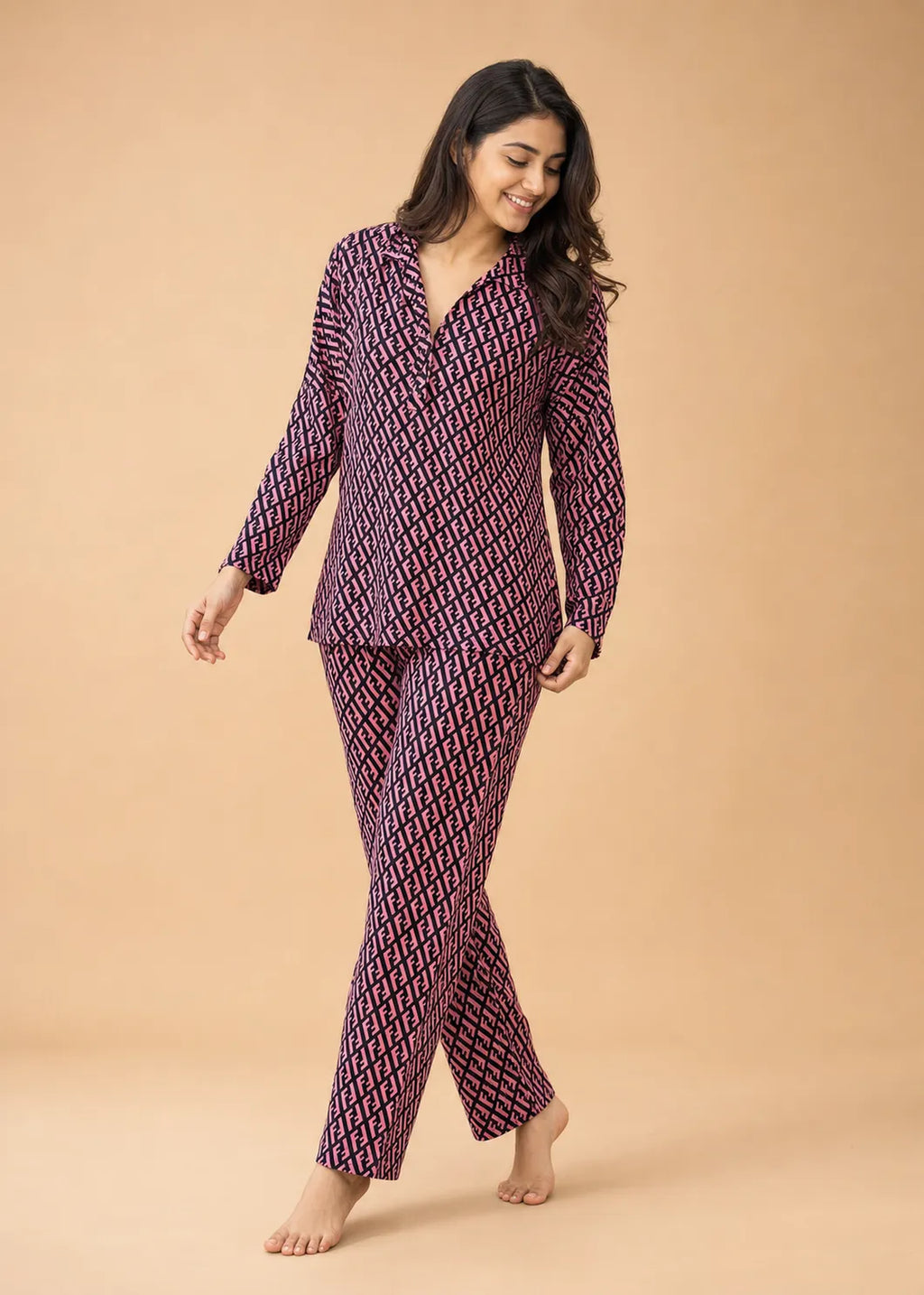 Pink Monogram Print Woolen Winter Co-ord Set