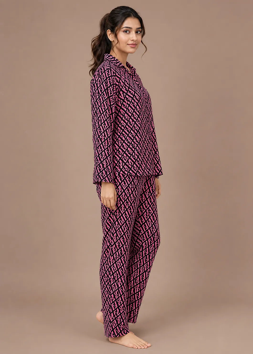 Pink Monogram Print Woolen Winter Co-ord Set