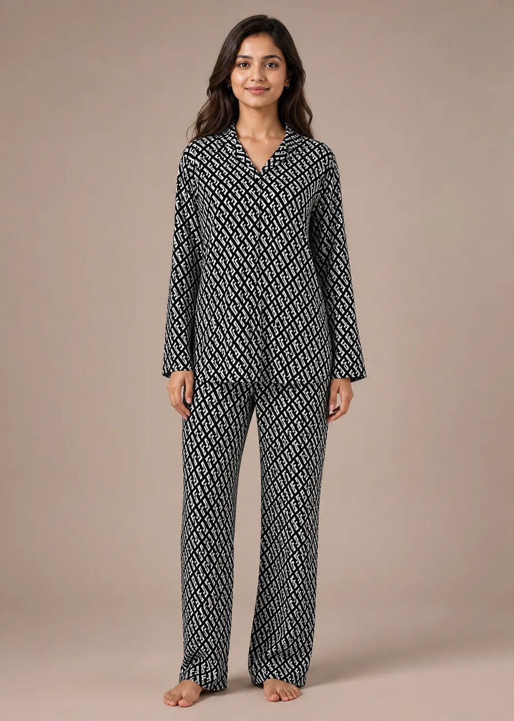 Black Monogram Print Woolen Winter Co-ord Set