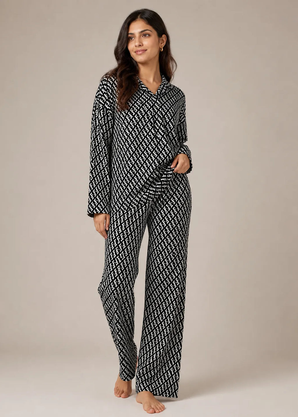 Black Monogram Print Woolen Winter Co-ord Set