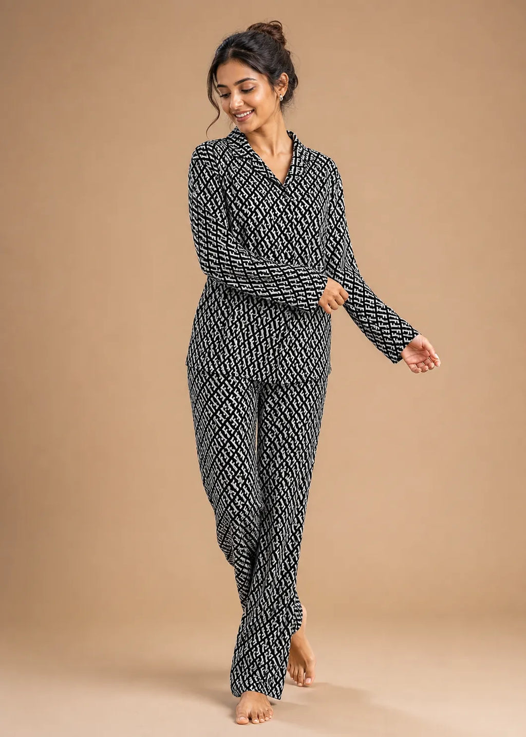 Black Monogram Print Woolen Winter Co-ord Set