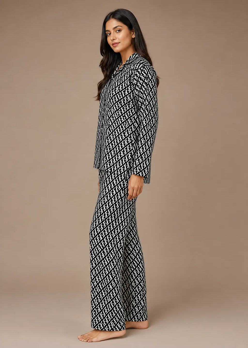 Black Monogram Print Woolen Winter Co-ord Set