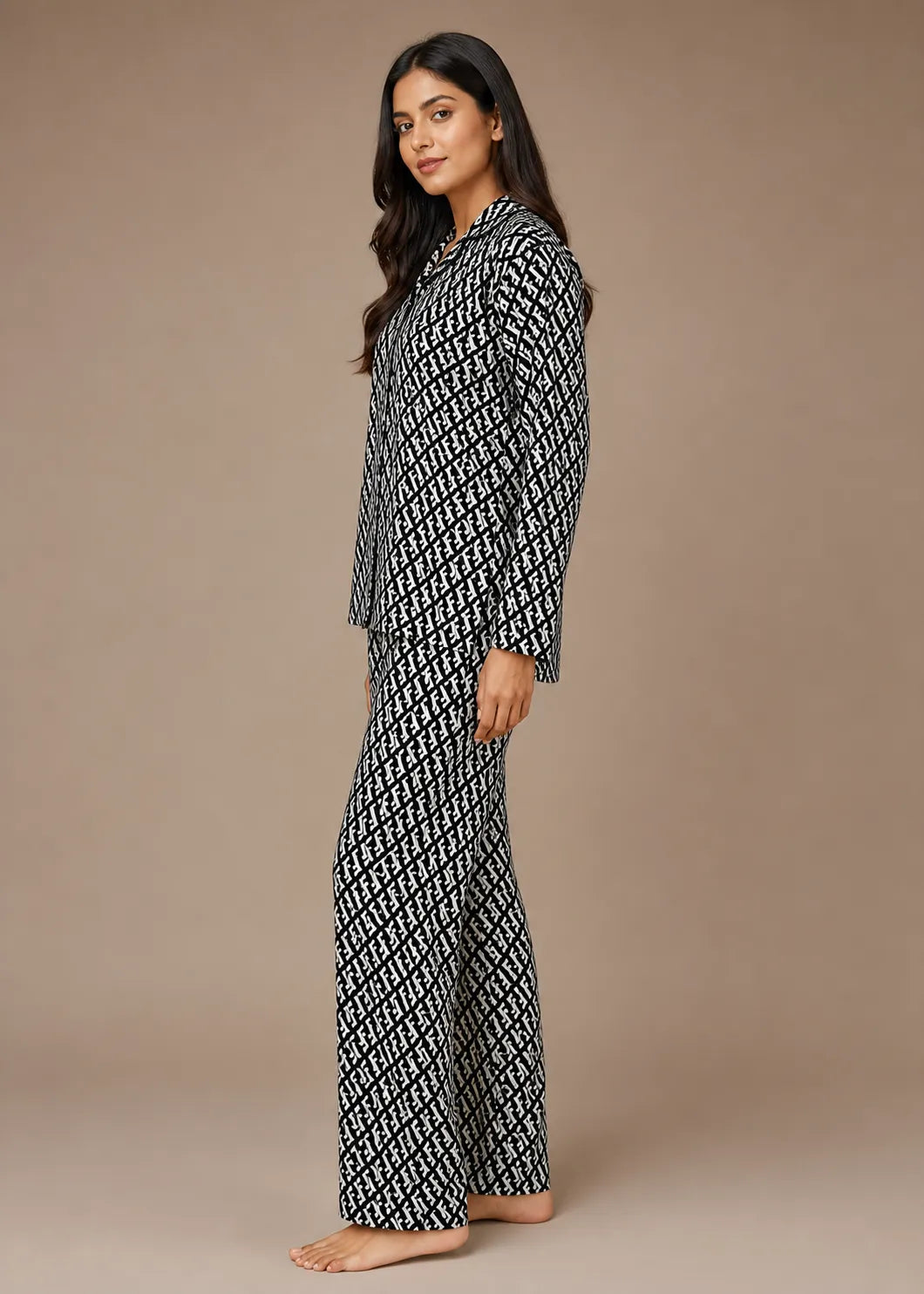 Black Monogram Print Woolen Winter Co-ord Set