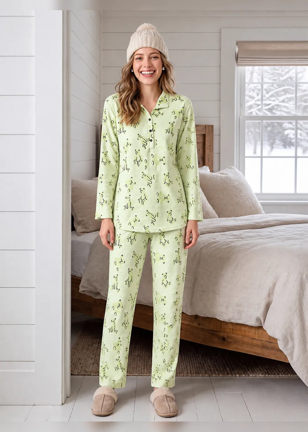 Lime Green Dog Print Woolen Winter Co-ord Set