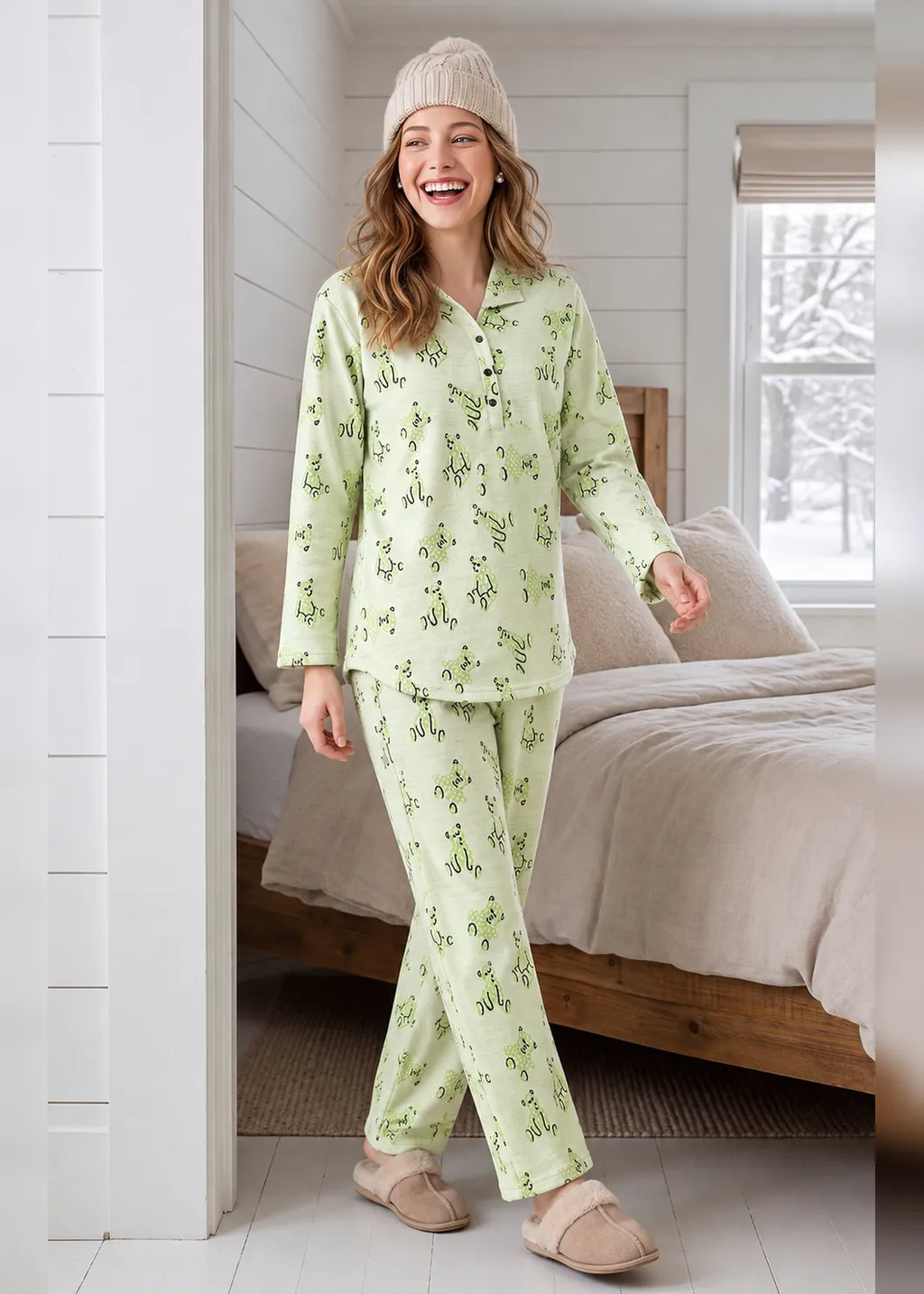 Lime Green Dog Print Woolen Winter Co-ord Set