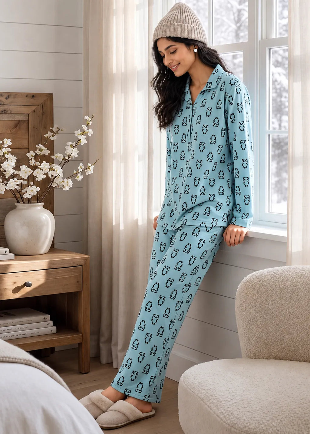 Blue Panda Print Woolen Winter Co-ord Set