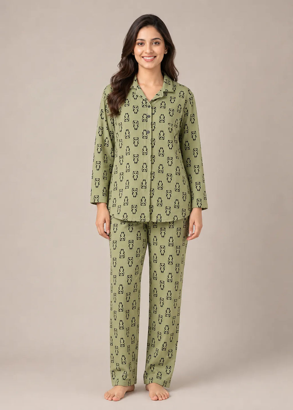 Olive Panda Print Woolen Winter Co-ord Set