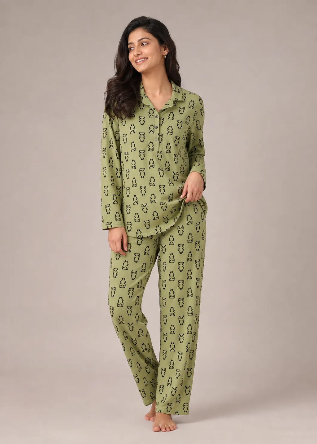 Olive Panda Print Woolen Winter Co-ord Set