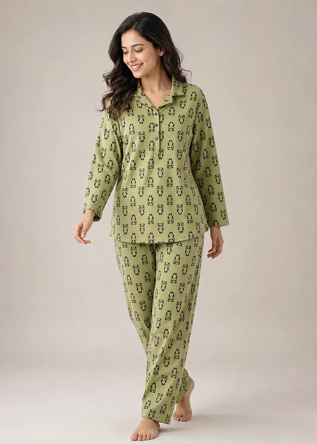 Olive Panda Print Woolen Winter Co-ord Set