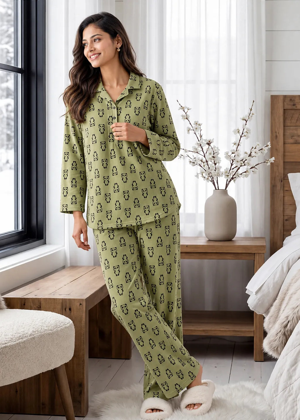Olive Panda Print Woolen Winter Co-ord Set