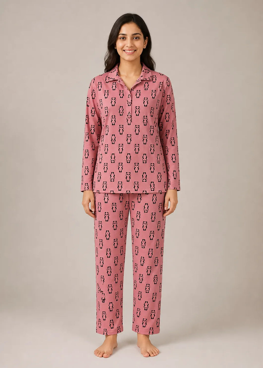 Pink Panda Print Woolen Winter Co-ord Set