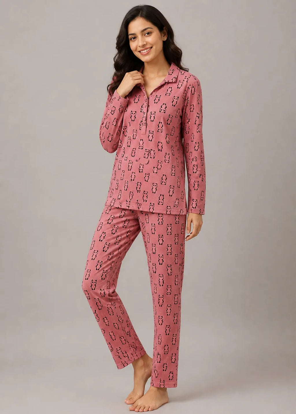 Pink Panda Print Woolen Winter Co-ord Set