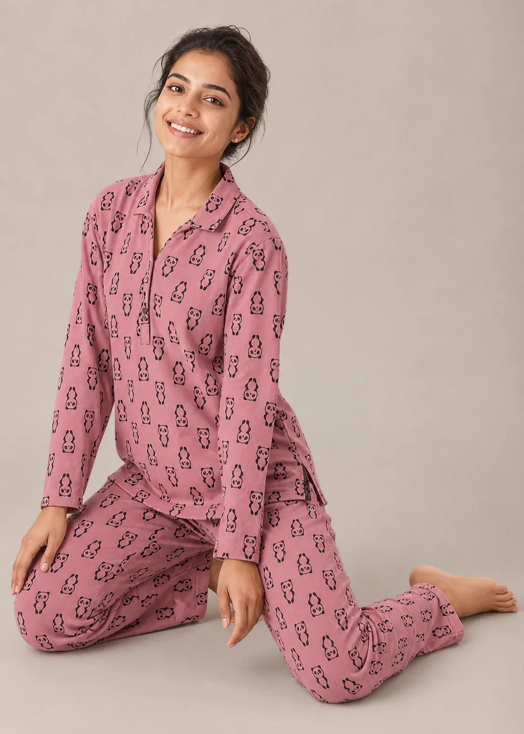 Pink Panda Print Woolen Winter Co-ord Set