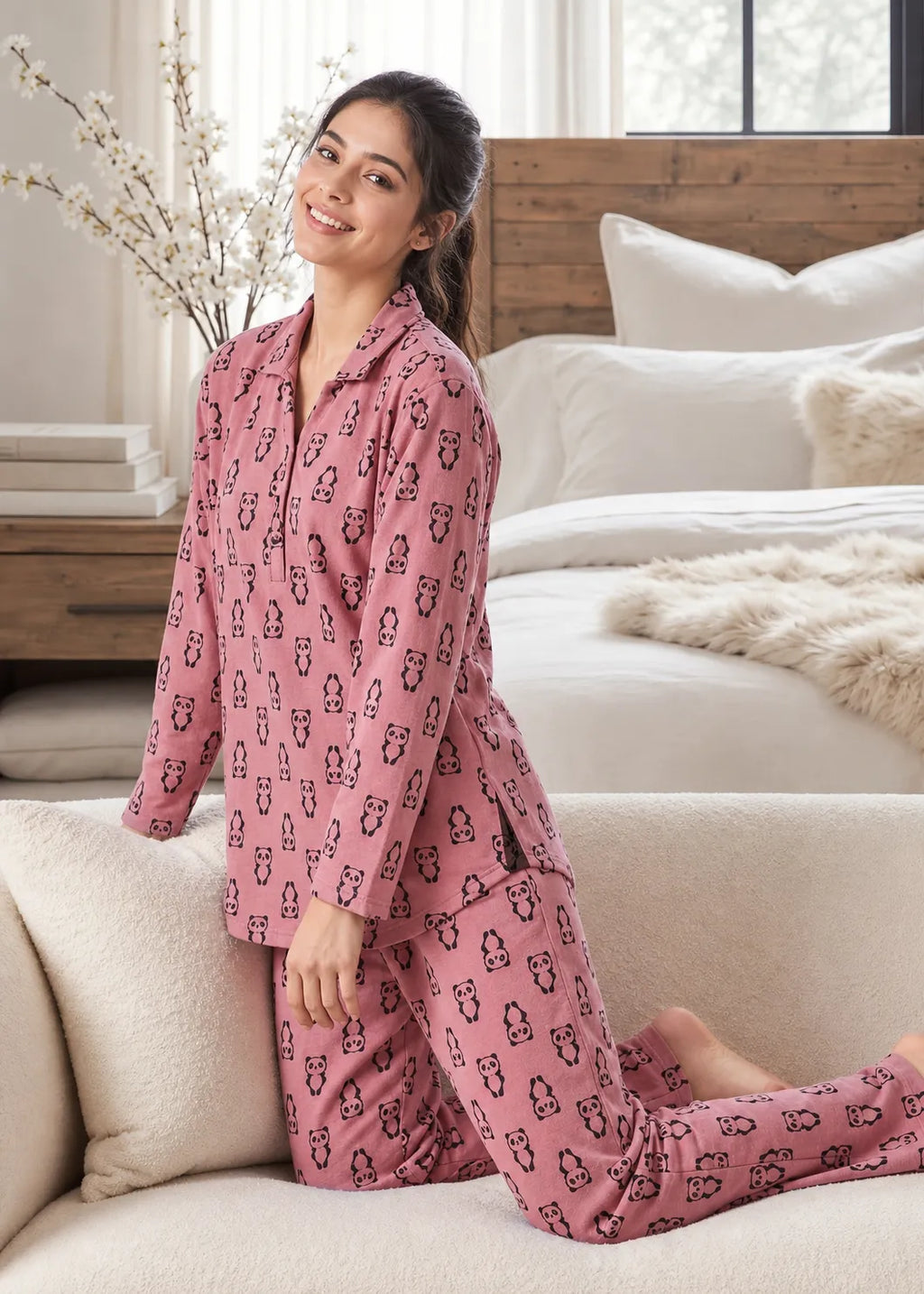 Pink Panda Print Woolen Winter Co-ord Set