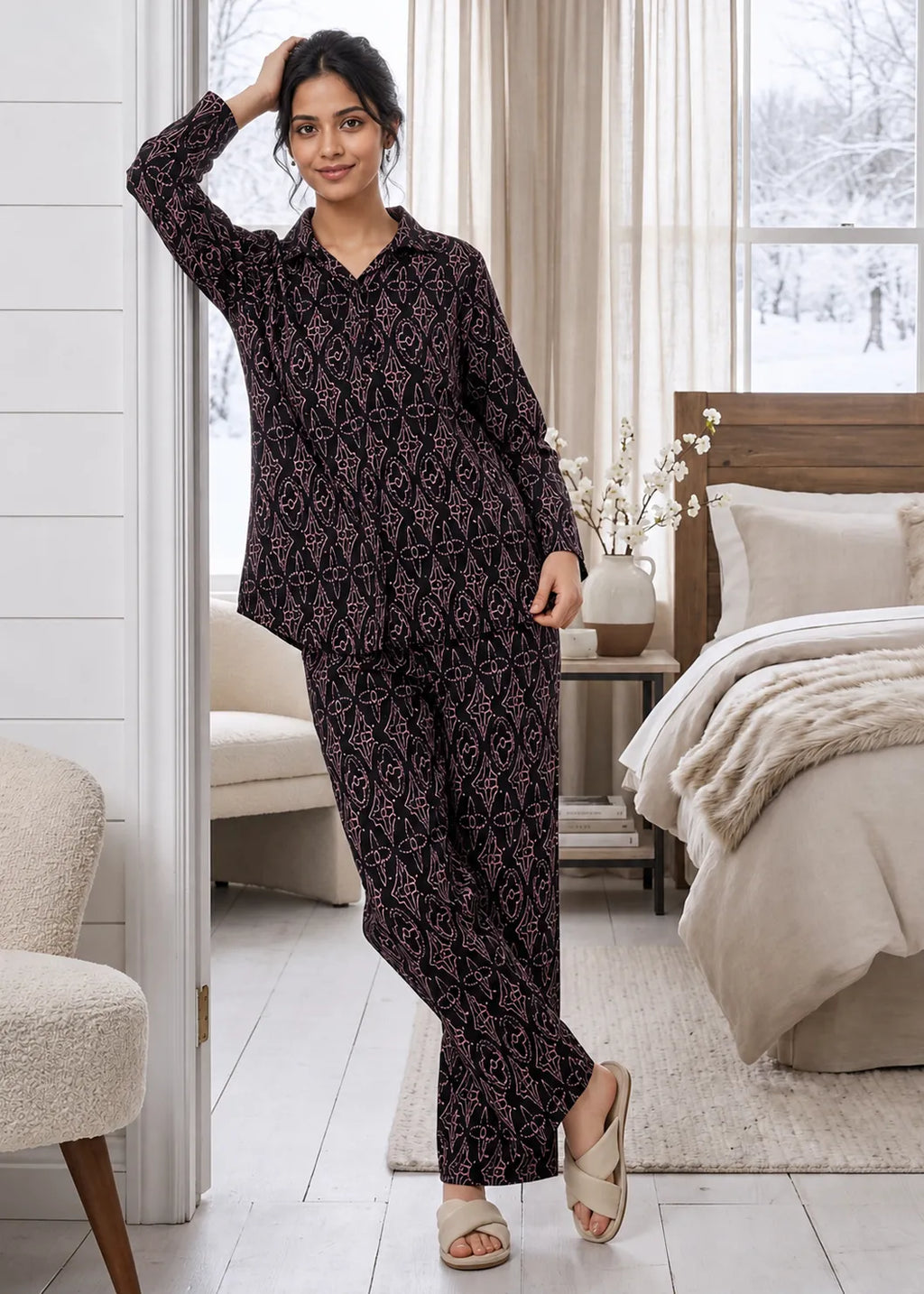 Maroon Floral Print Woolen Winter Co-ord Set