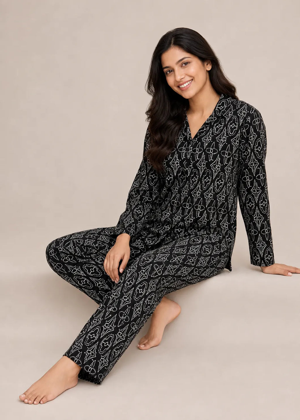 Black Floral Print Woolen Winter Co-ord Set