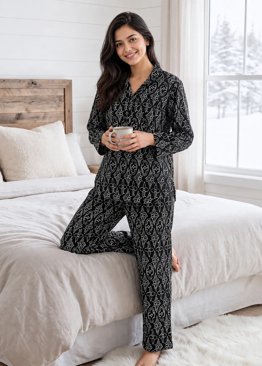 Black Floral Print Woolen Winter Co-ord Set