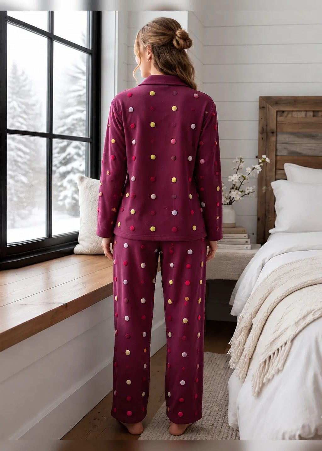 Maroon Velvet Embroidery Polka Dot Winter Co-ord Set