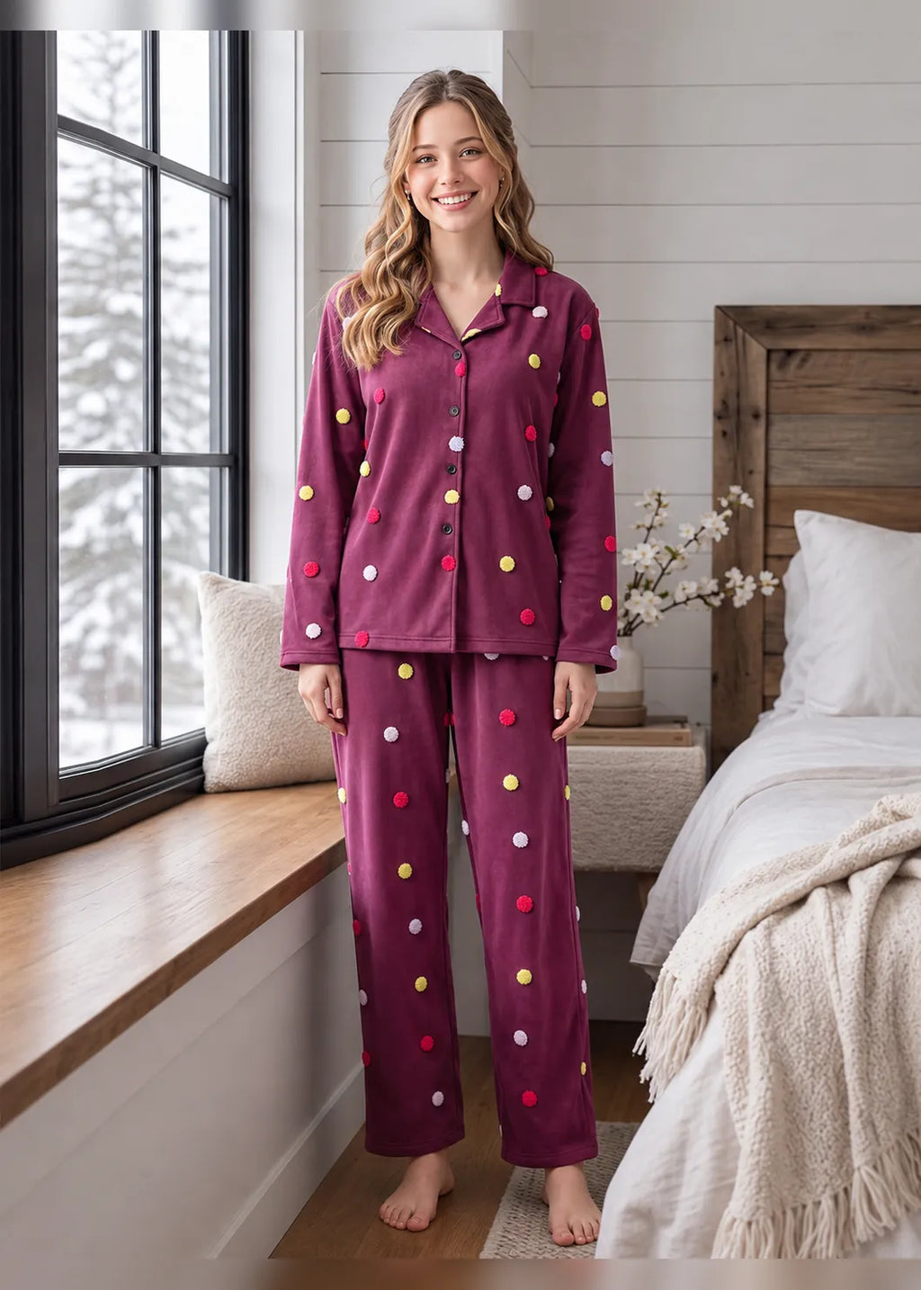 Maroon Velvet Embroidery Polka Dot Winter Co-ord Set
