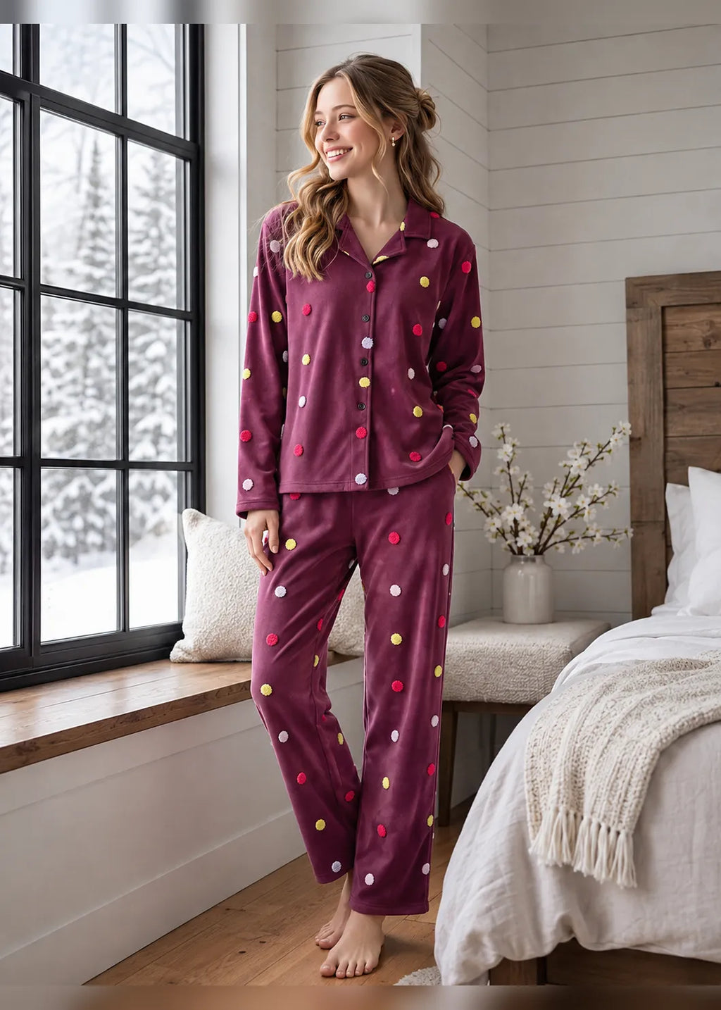 Maroon Velvet Embroidery Polka Dot Winter Co-ord Set
