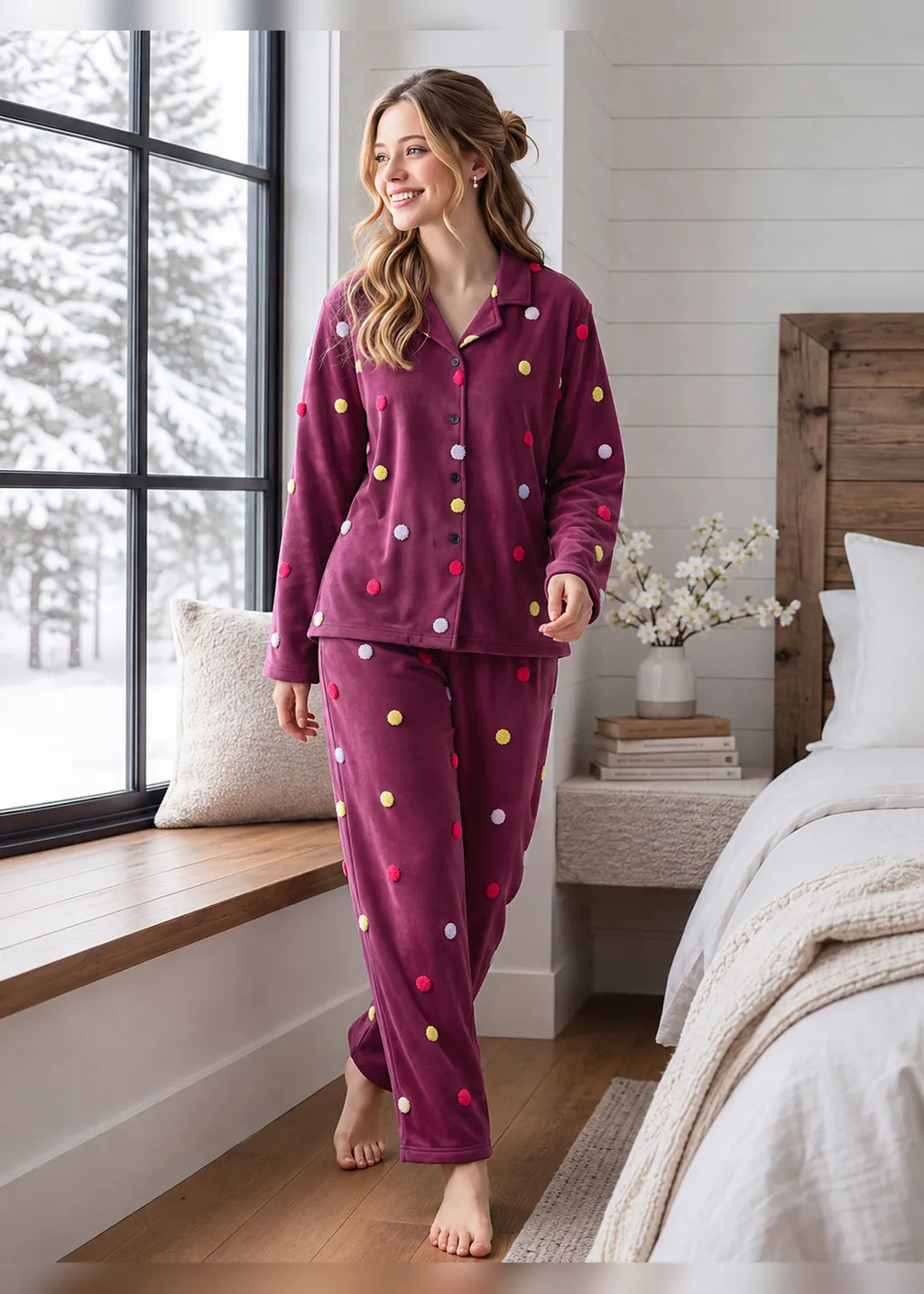 Maroon Velvet Embroidery Polka Dot Winter Co-ord Set