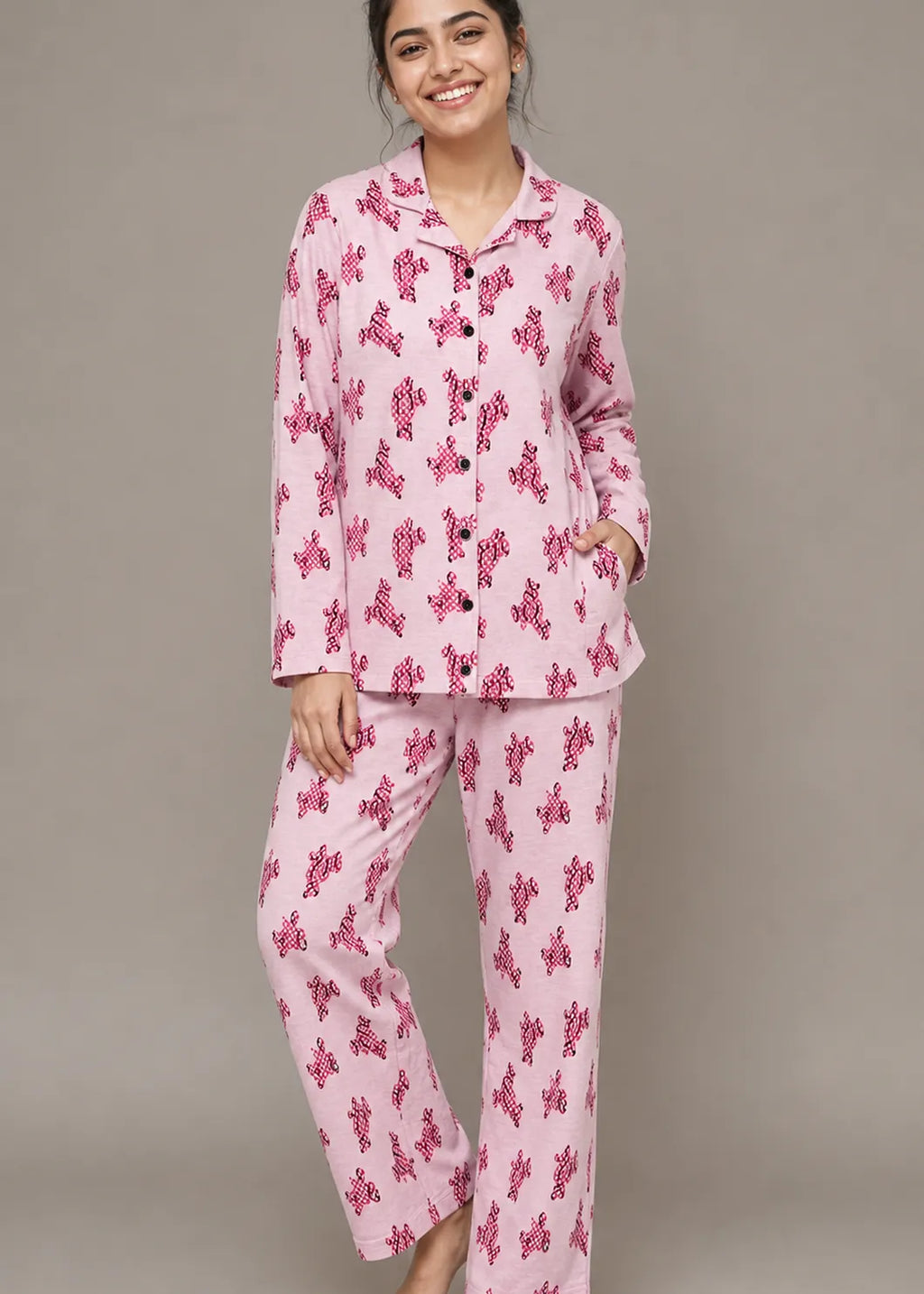 Pink Dog Print Woolen Winter Co-ord Set