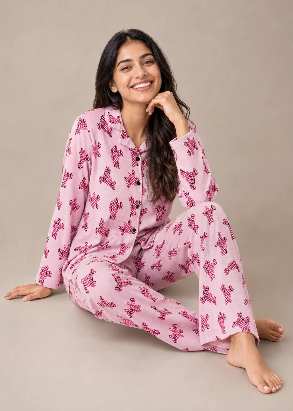 Pink Dog Print Woolen Winter Co-ord Set