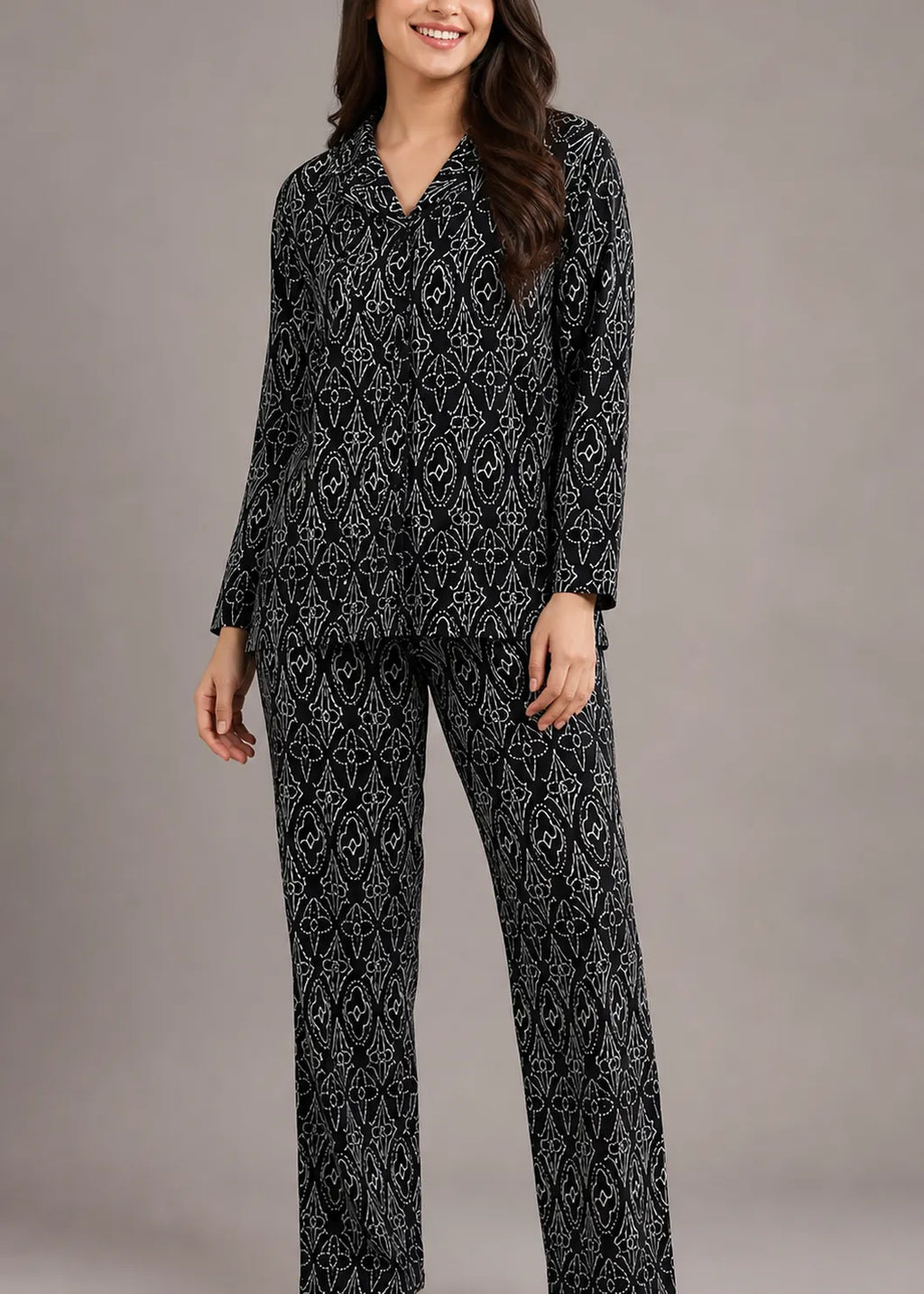Black Arabesque Print Woolen Winter Co-ord Set