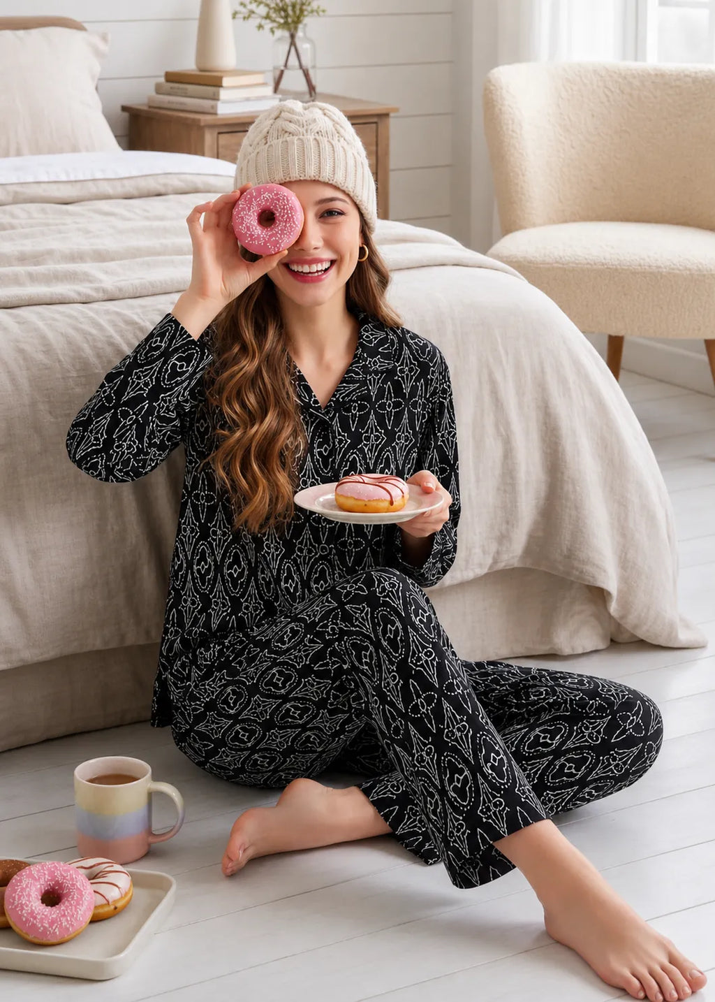 Black Arabesque Print Woolen Winter Co-ord Set