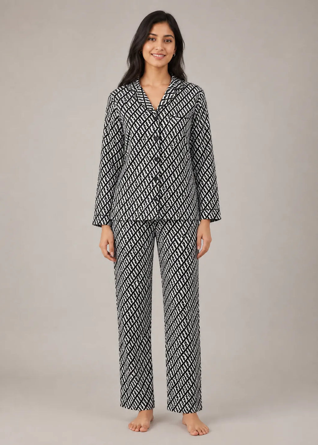 Black Monogram Print Woolen Winter Co-ord Set