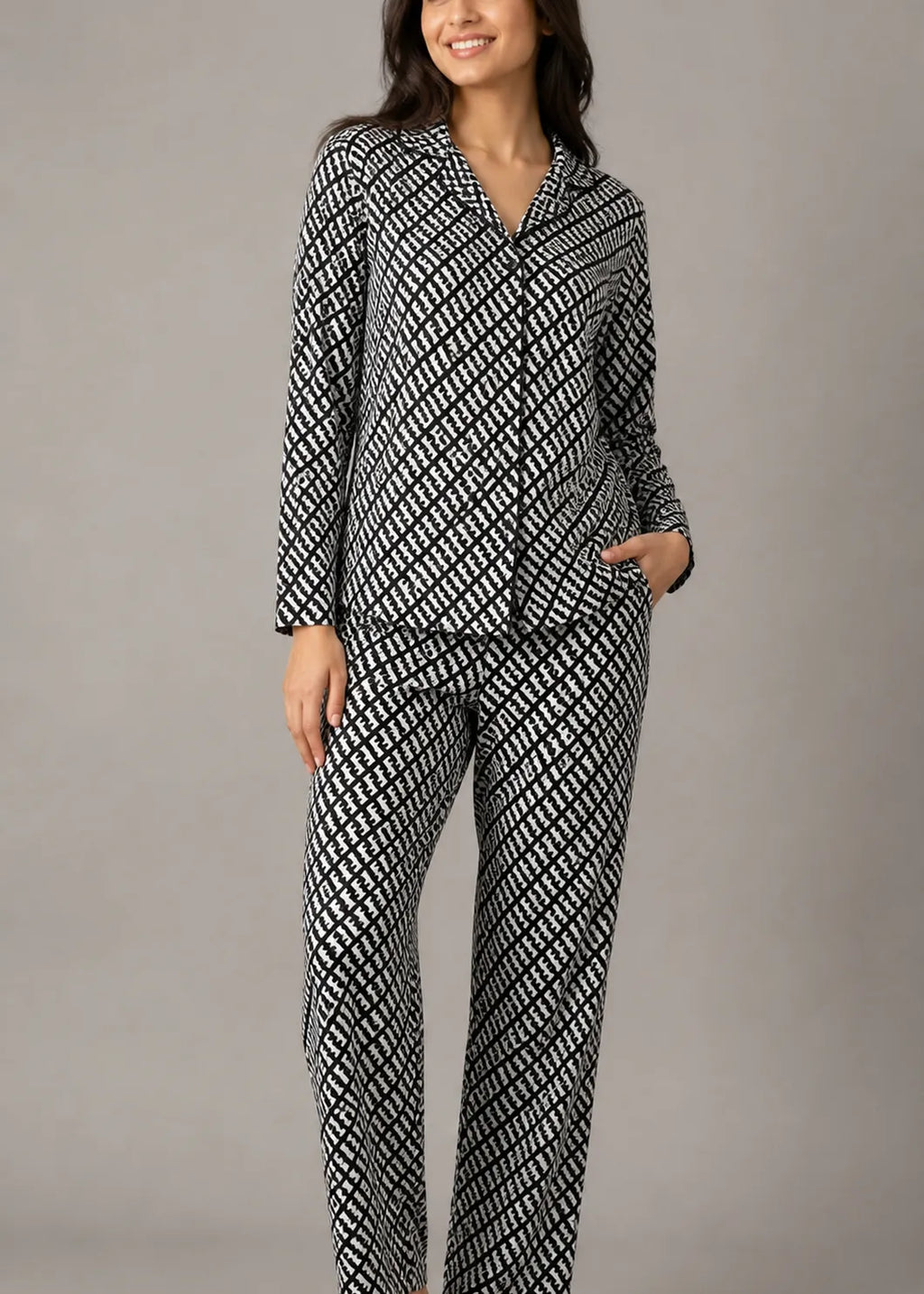 Black Monogram Print Woolen Winter Co-ord Set