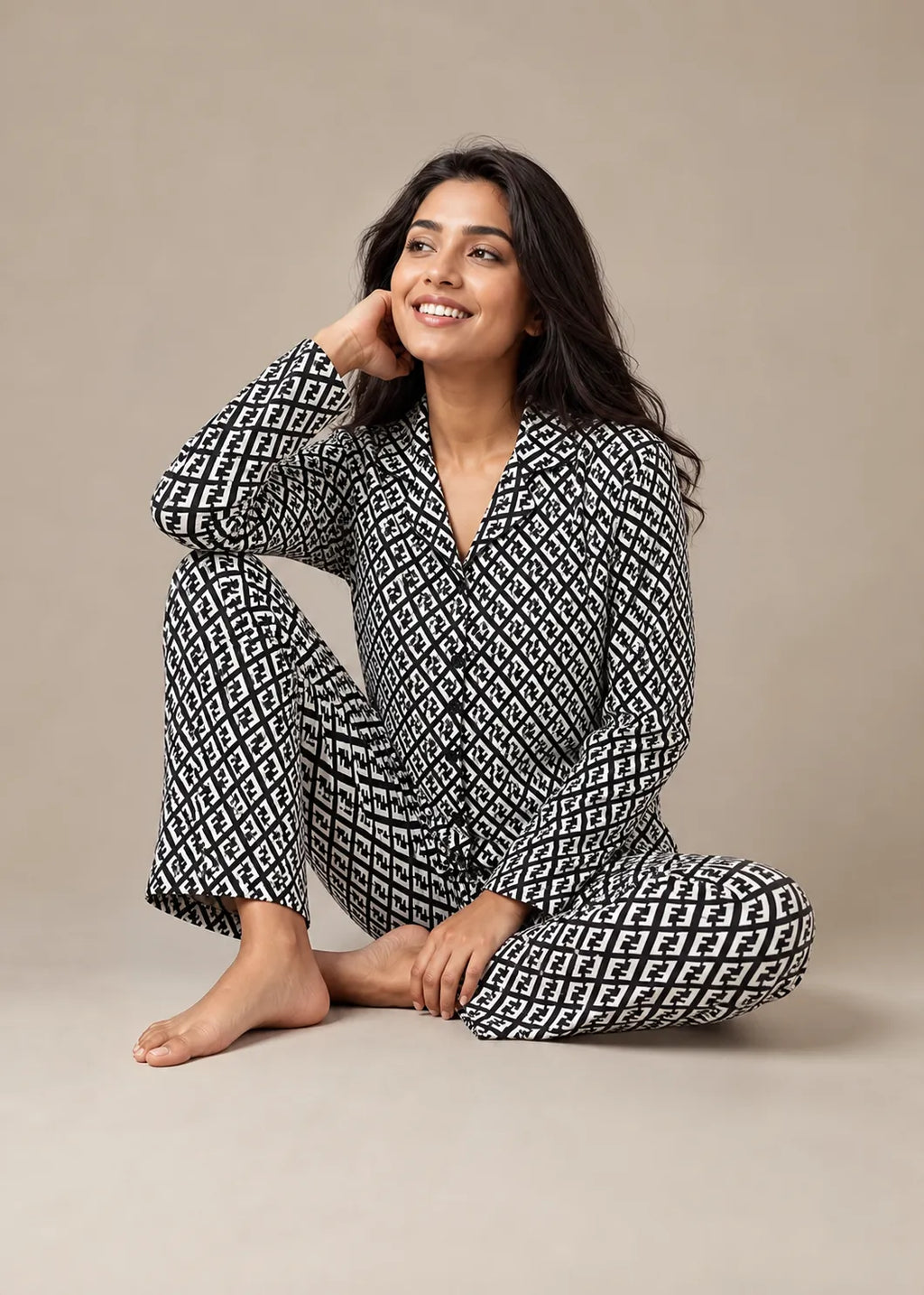 Black Monogram Print Woolen Winter Co-ord Set