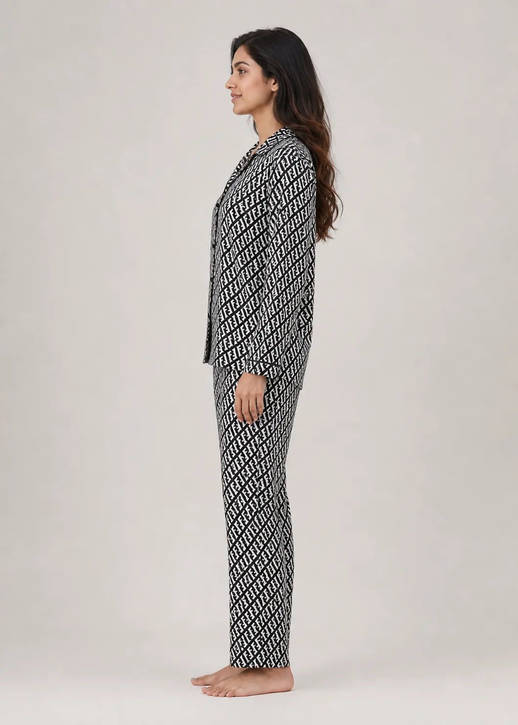 Black Monogram Print Woolen Winter Co-ord Set
