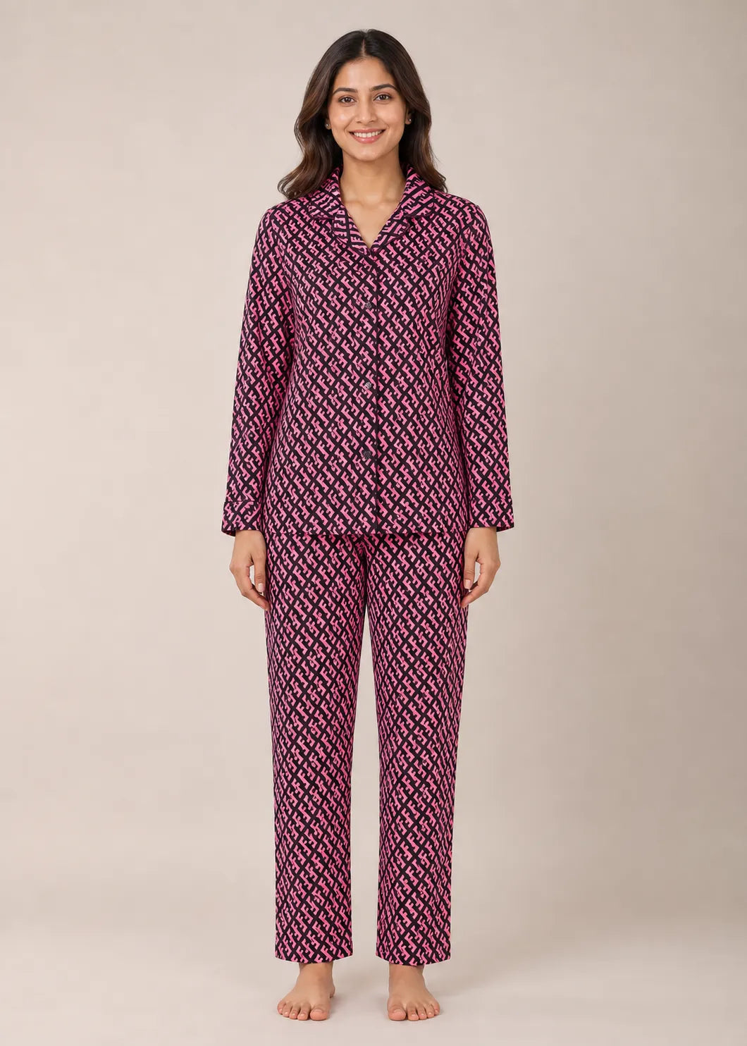 Pink Monogram Print Woolen Winter Co-ord Set
