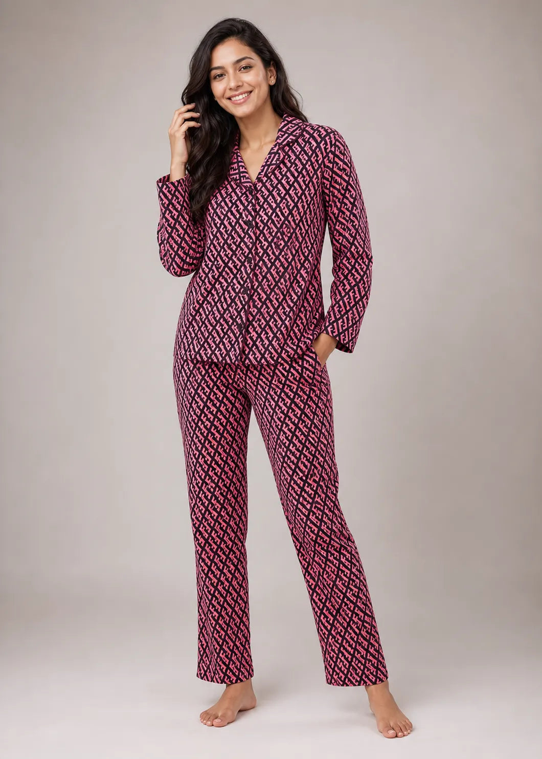Pink Monogram Print Woolen Winter Co-ord Set
