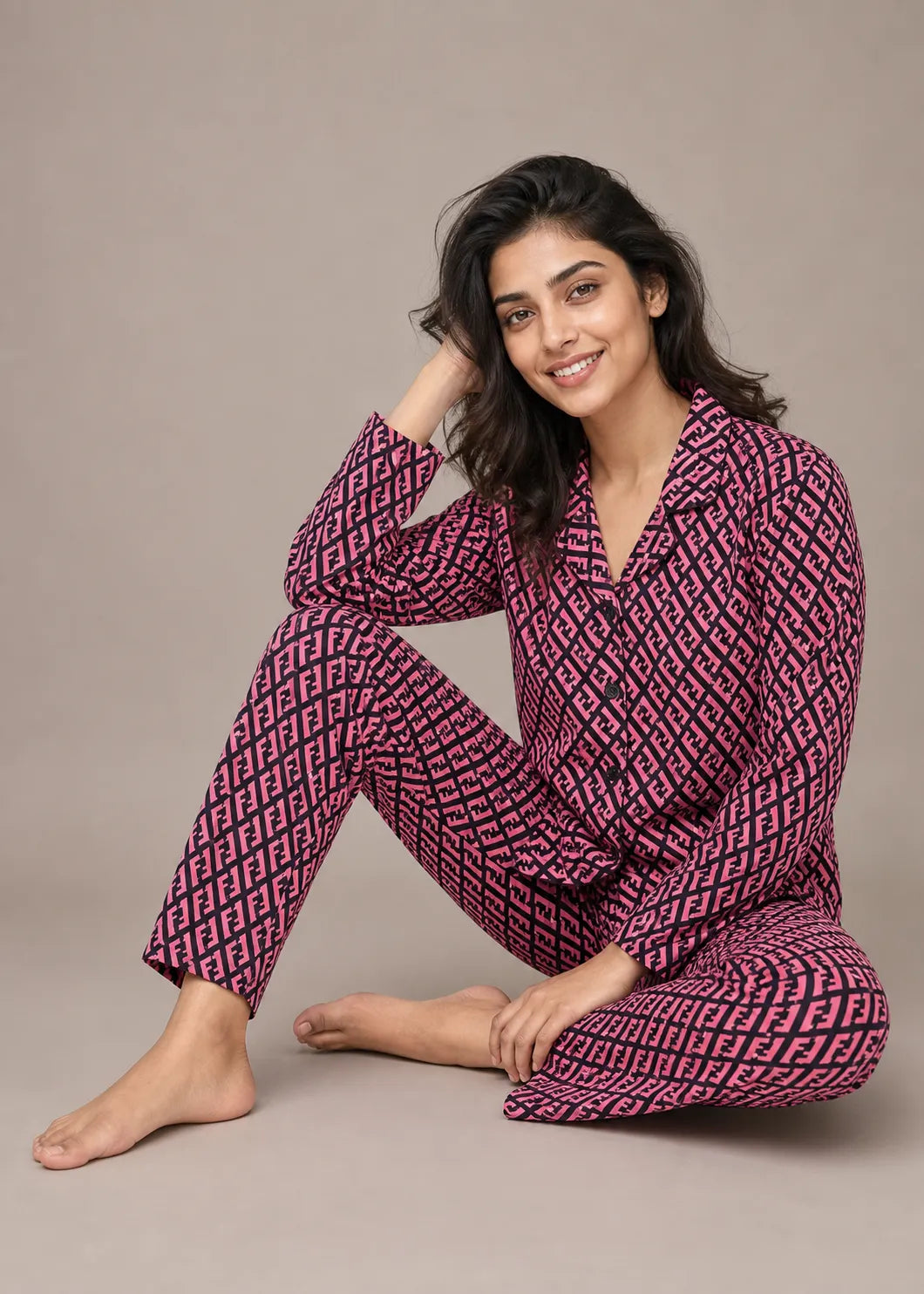 Pink Monogram Print Woolen Winter Co-ord Set