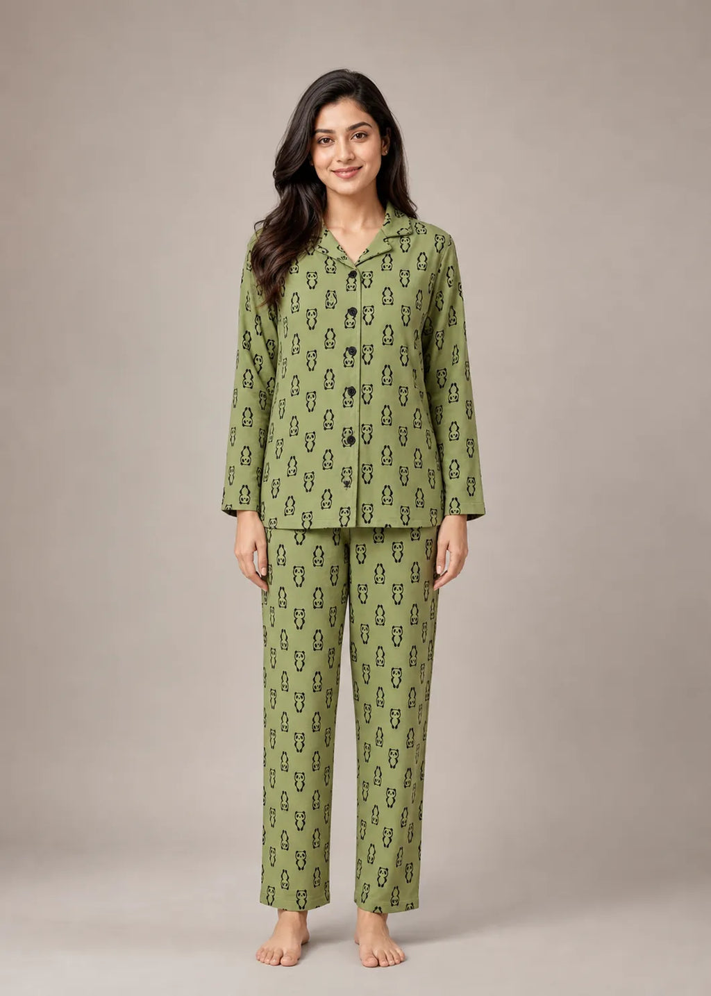 Olive Panda Print Woolen Winter Co-ord Set